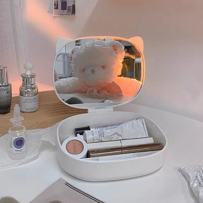 Cutie cu Oglinda, Model Pisica, Belvia, 4 Compartimente, Cutie de Depozitare a Machiajelor si Accesoriilor, Oglinda de Machiaj, 17x13x6cm, Alb