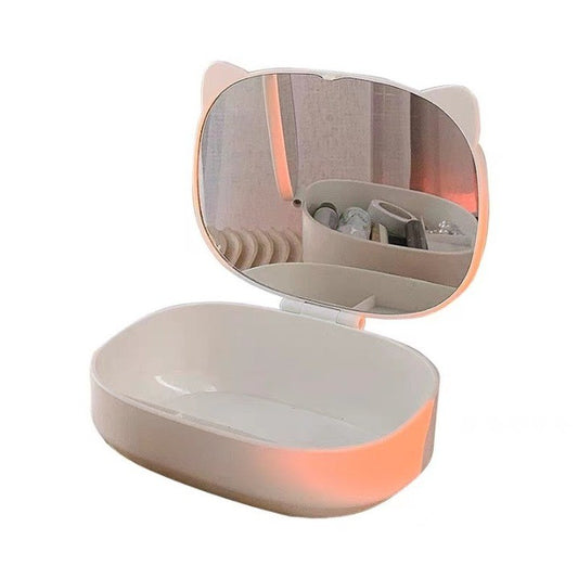 Cutie cu Oglinda, Model Pisica, Belvia, 4 Compartimente, Cutie de Depozitare a Machiajelor si Accesoriilor, Oglinda de Machiaj, 17x13x6cm, Alb