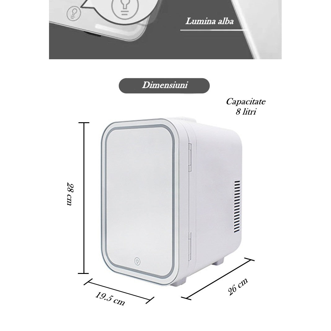 Mini frigider cosmetice, Belvia, dubla functie de incalzire/racire, portabil, 8L, alb