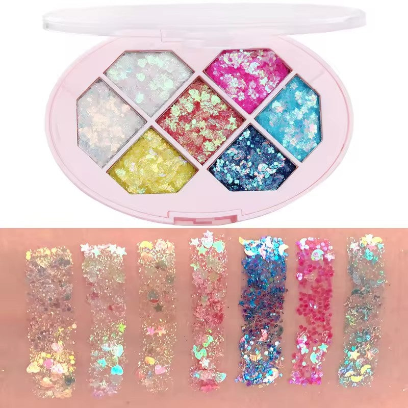 Paleta cu Glitter, Belvia, Varianta 1, 7 Nuante, Pentru Corp si Par, 50 g, Rezistent la Apa, 9.8 x 6.8 cm, Multicolor