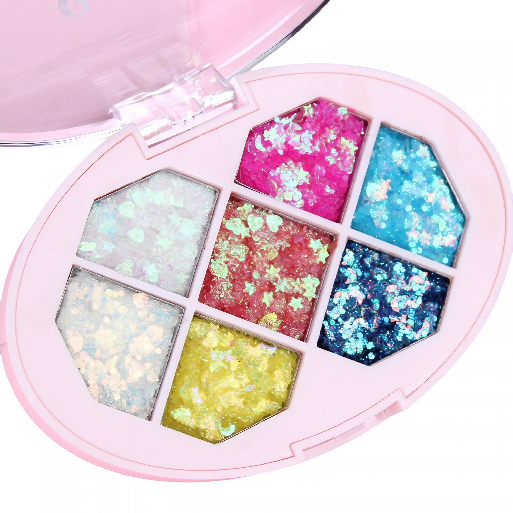Paleta cu Glitter, Belvia, Varianta 1, 7 Nuante, Pentru Corp si Par, 50 g, Rezistent la Apa, 9.8 x 6.8 cm, Multicolor