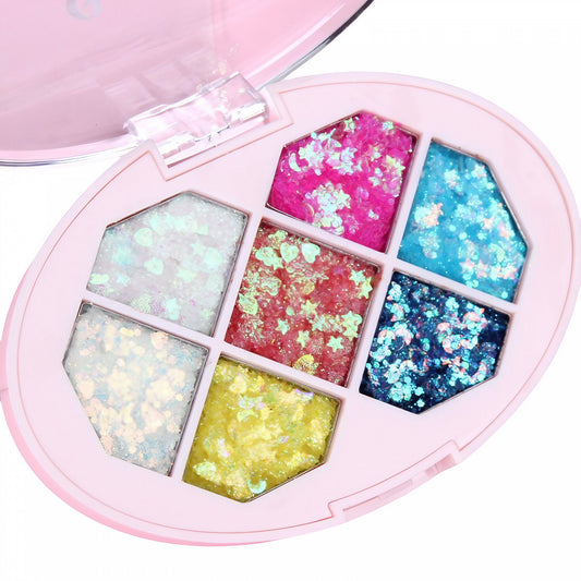 Paleta cu Glitter, Belvia, Varianta 1, 7 Nuante, Pentru Corp si Par, 50 g, Rezistent la Apa, 9.8 x 6.8 cm, Multicolor