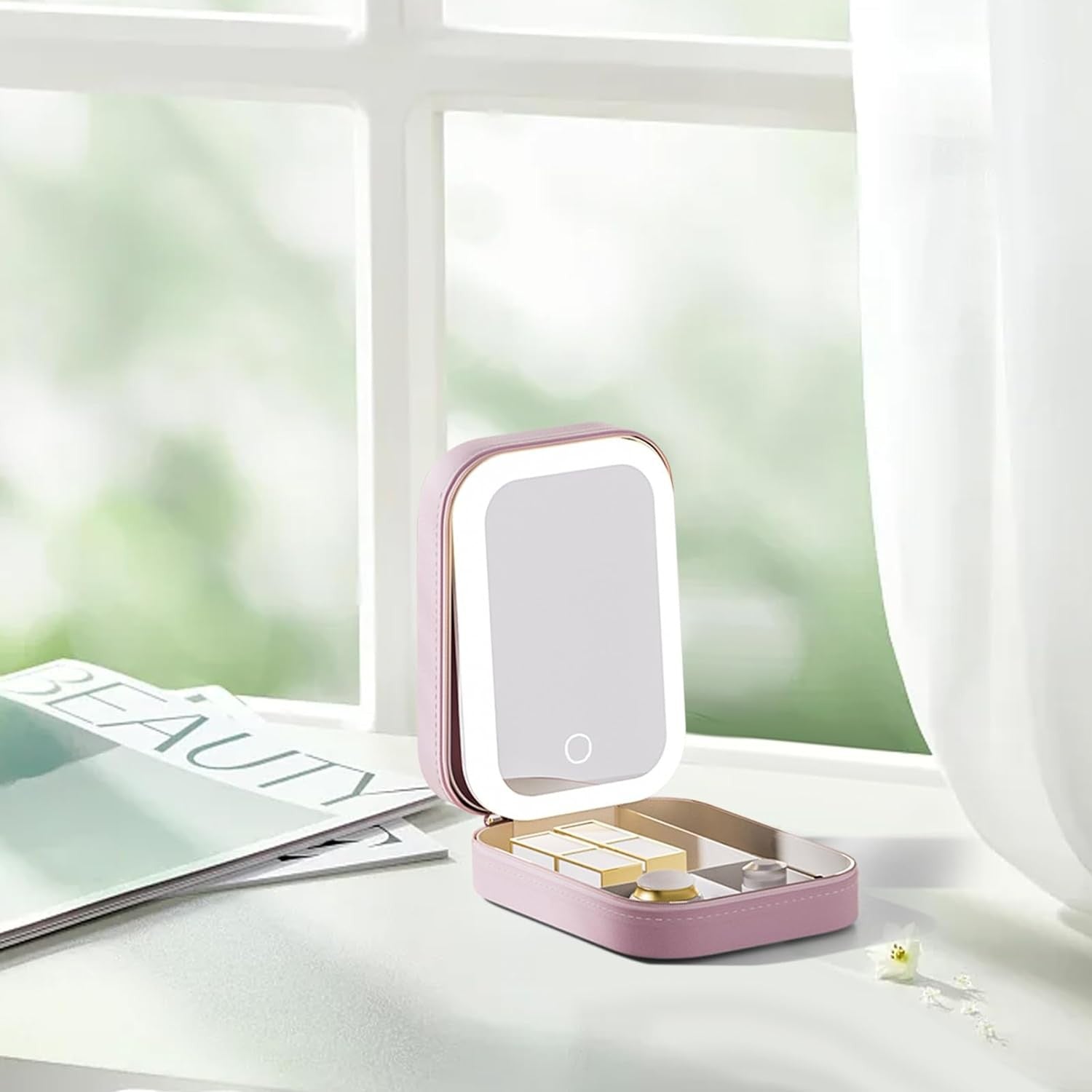 Portfard, Belvia, Geanta Cosmetice, cu Oglinda LED, 3 Moduri de Lumina, Incarcare USB, Baterie 1200 mAh, pentru Organizarea Cosmeticelor, 4 Compartimente, Imitatie Piele, Roz, 16.5x11.5x6 cm