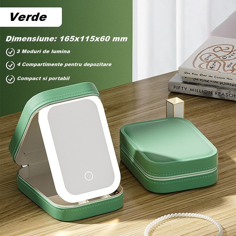 Portfard, Belvia, Geanta Cosmetice, cu Oglinda LED, 3 Moduri de Lumina, Incarcare USB, Baterie 1200 mAh, pentru Organizarea Cosmeticelor, 4 Compartimente, Imitatie Piele, Verde, 16.5x11.5x6 cm