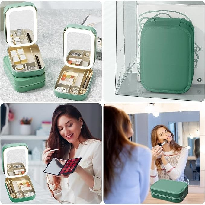 Portfard, Belvia, Geanta Cosmetice, cu Oglinda LED, 3 Moduri de Lumina, Incarcare USB, Baterie 1200 mAh, pentru Organizarea Cosmeticelor, 4 Compartimente, Imitatie Piele, Verde, 16.5x11.5x6 cm