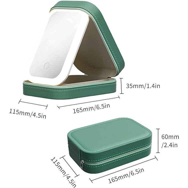 Portfard, Belvia, Geanta Cosmetice, cu Oglinda LED, 3 Moduri de Lumina, Incarcare USB, Baterie 1200 mAh, pentru Organizarea Cosmeticelor, 4 Compartimente, Imitatie Piele, Verde, 16.5x11.5x6 cm