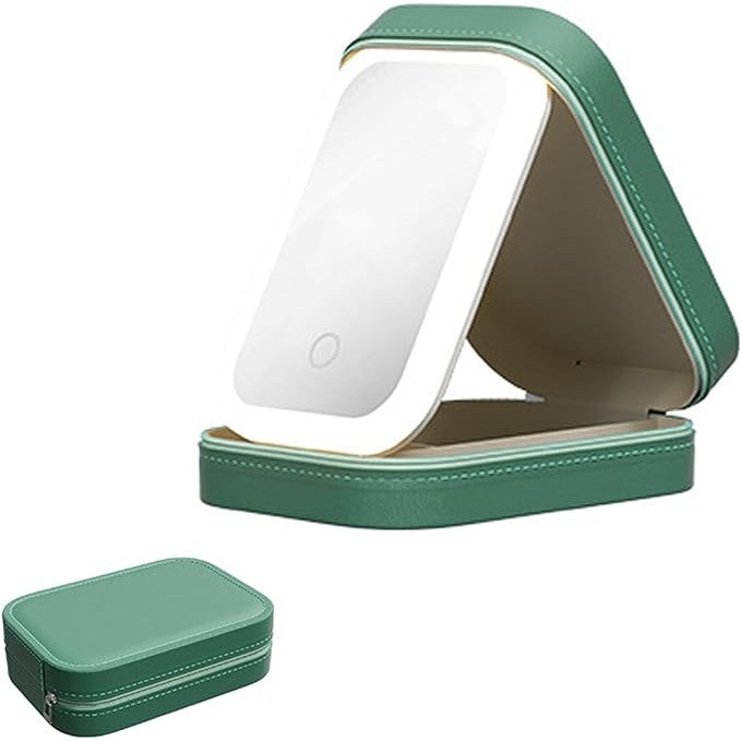 Portfard, Belvia, Geanta Cosmetice, cu Oglinda LED, 3 Moduri de Lumina, Incarcare USB, Baterie 1200 mAh, pentru Organizarea Cosmeticelor, 4 Compartimente, Imitatie Piele, Verde, 16.5x11.5x6 cm