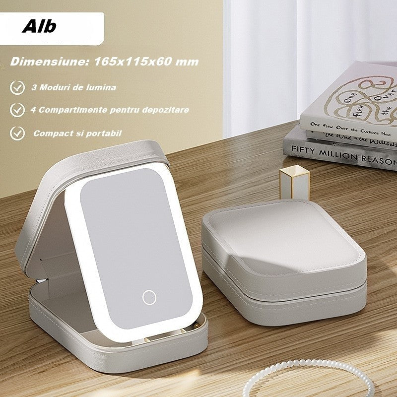 Portfard, Belvia, Geanta Cosmetice, cu Oglinda LED, 3 Moduri de Lumina, Incarcare USB, Baterie 1200 mAh, pentru Organizarea Cosmeticelor, 4 Compartimente, Imitatie Piele, Alb, 16.5x11.5x6 cm