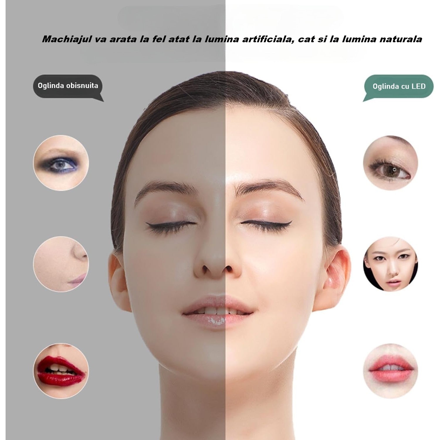 Portfard, Belvia, Geanta Cosmetice, cu Oglinda LED, 3 Moduri de Lumina, Incarcare USB, Baterie 1200 mAh, pentru Organizarea Cosmeticelor, 4 Compartimente, Imitatie Piele, Alb, 16.5x11.5x6 cm