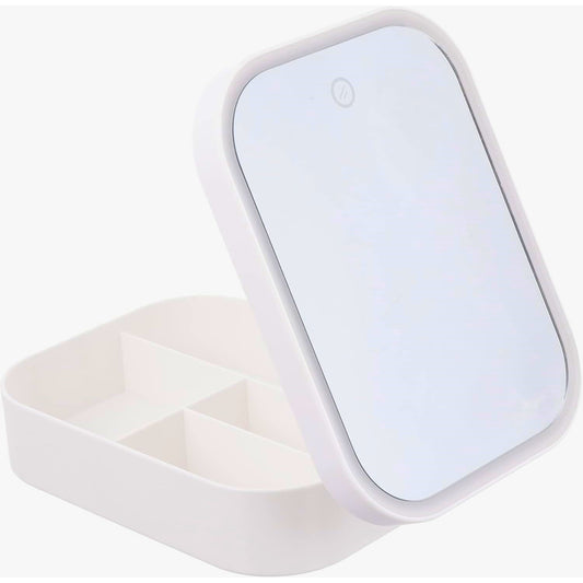 Portfard, Belvia, Geanta Cosmetice, cu Oglinda LED, 3 Moduri de Lumina, Incarcare USB, Baterie 1200 mAh, pentru Organizarea Cosmeticelor, 4 Compartimente, Imitatie Piele, Alb, 16.5x11.5x6 cm