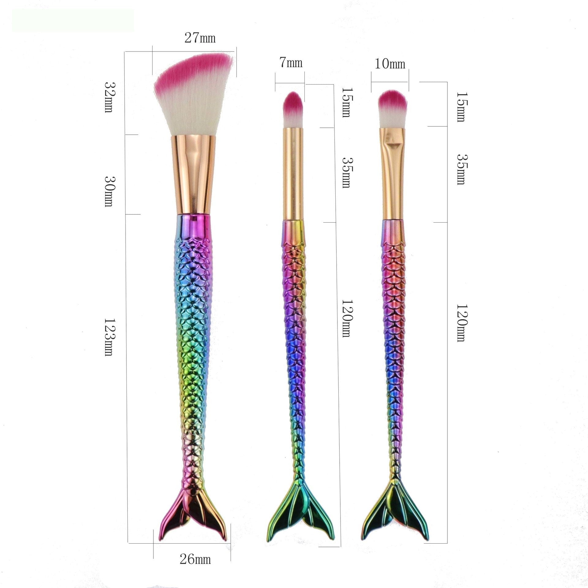 Set 3 Pensule pentru Machiaj Belvia, in Forma de Sirena, Electroplacate, Detalii Fine, Maner Ergonomic, Peri din Fibra Moale, Multicolor