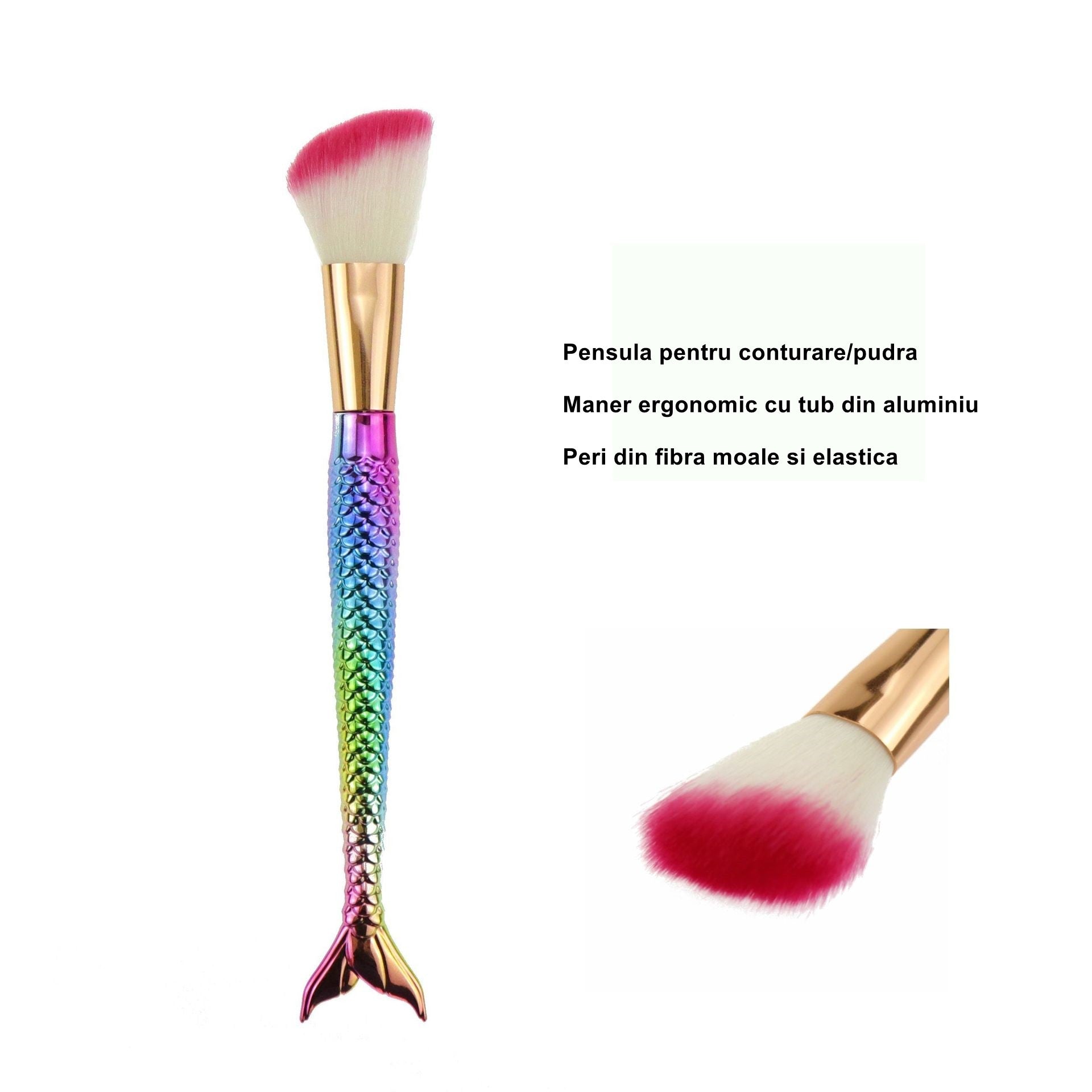Set 3 Pensule pentru Machiaj Belvia, in Forma de Sirena, Electroplacate, Detalii Fine, Maner Ergonomic, Peri din Fibra Moale, Multicolor