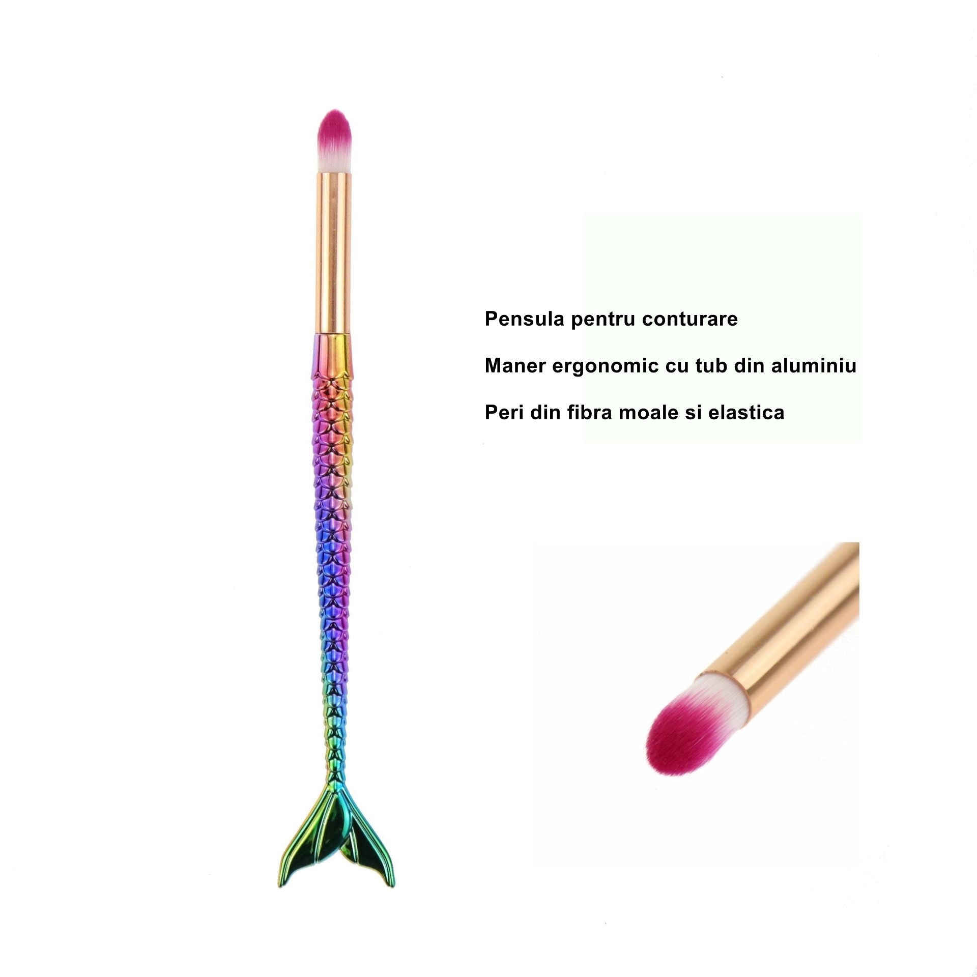 Set 3 Pensule pentru Machiaj Belvia, in Forma de Sirena, Electroplacate, Detalii Fine, Maner Ergonomic, Peri din Fibra Moale, Multicolor