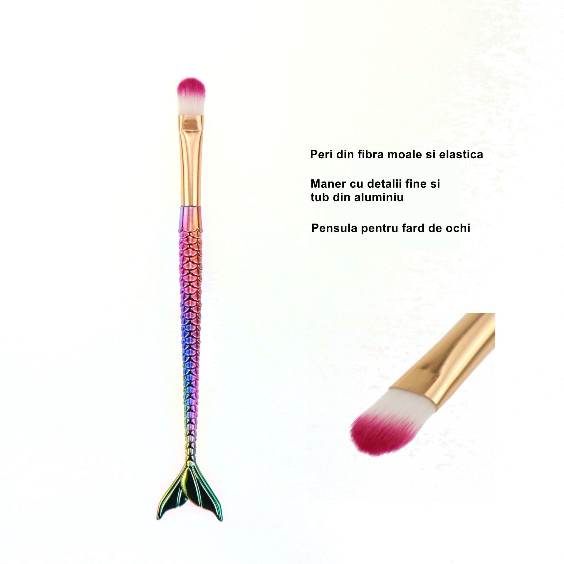 Set 3 Pensule pentru Machiaj Belvia, in Forma de Sirena, Electroplacate, Detalii Fine, Maner Ergonomic, Peri din Fibra Moale, Multicolor