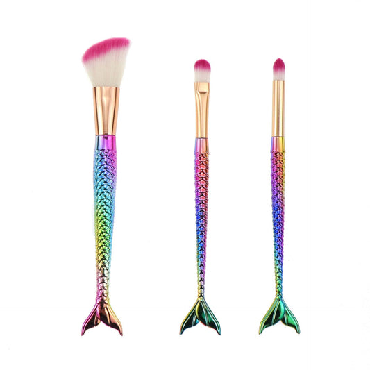 Set 3 Pensule pentru Machiaj Belvia, in Forma de Sirena, Electroplacate, Detalii Fine, Maner Ergonomic, Peri din Fibra Moale, Multicolor