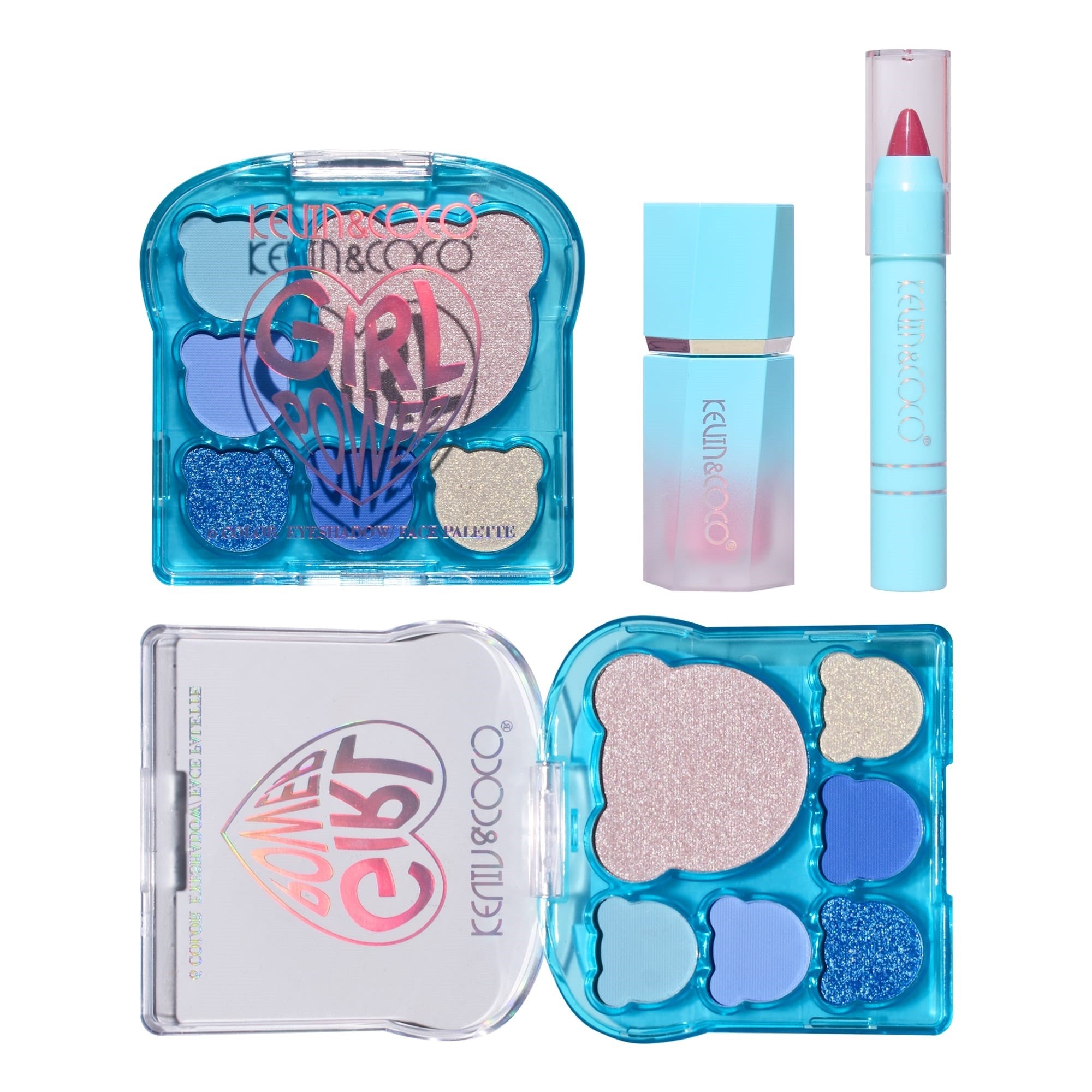 Set 3 Produse de Machiaj, KEVIN &amp; COCO, Ice Blue Bear, 6 culori, 15.5 x 13 x 3.4 cm