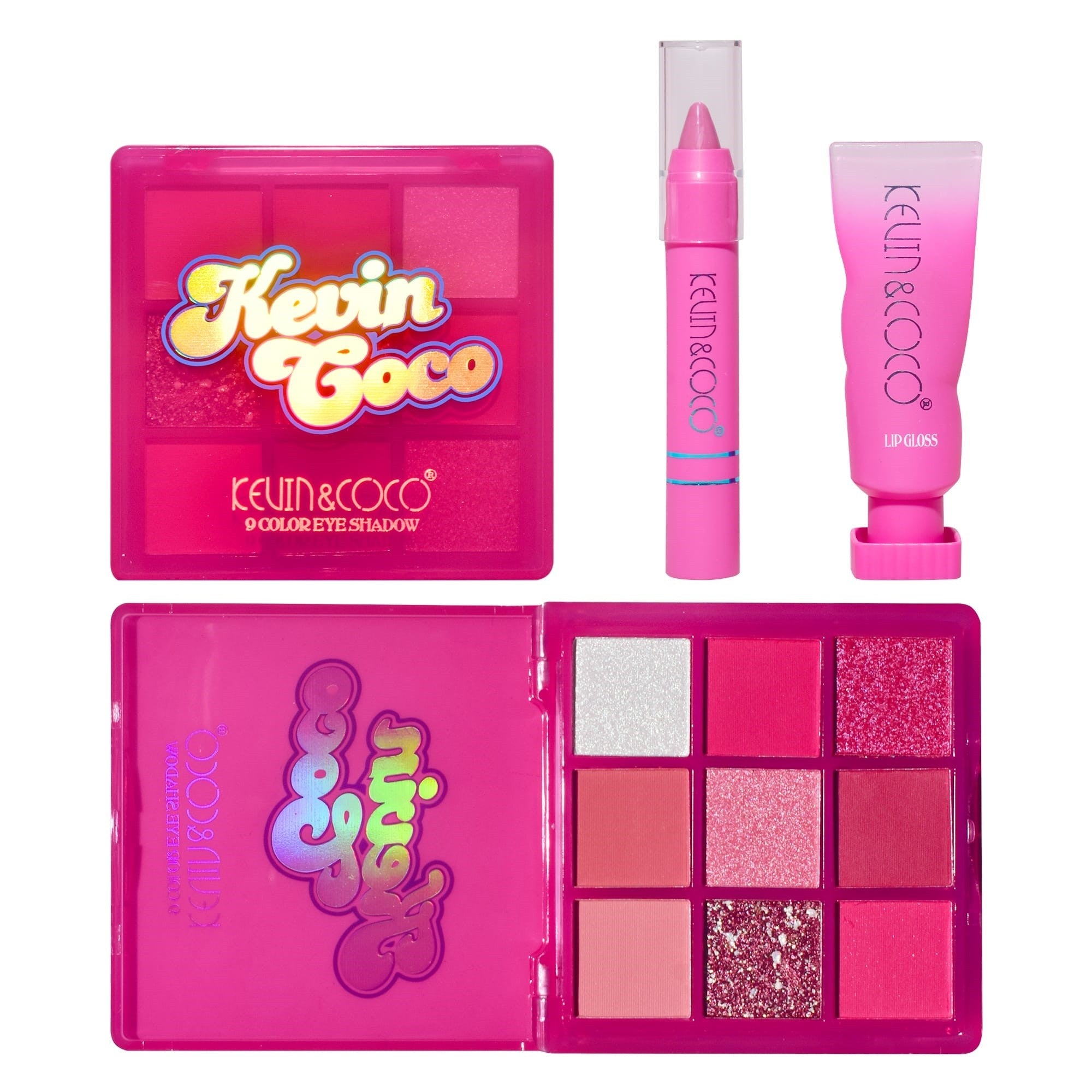 Set 3 Produse de Machiaj, KEVIN &amp; COCO, Pink Hearted, 9 culori, 15.5 x 13 x 3.4 cm