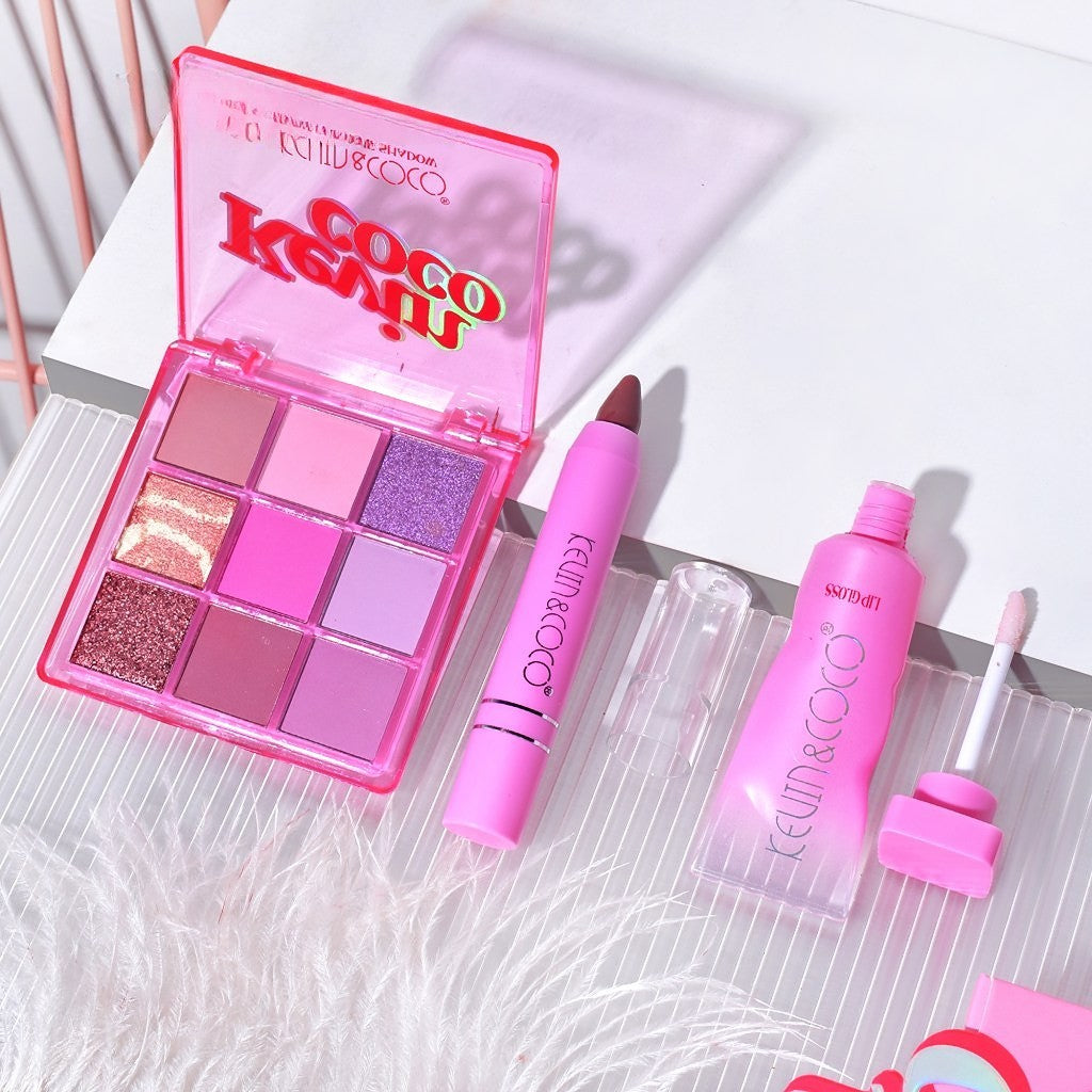 Set 3 Produse de Machiaj, KEVIN &amp; COCO, Pink Ice Star, 9 culori, 15.5 x 13 x 3.4 cm