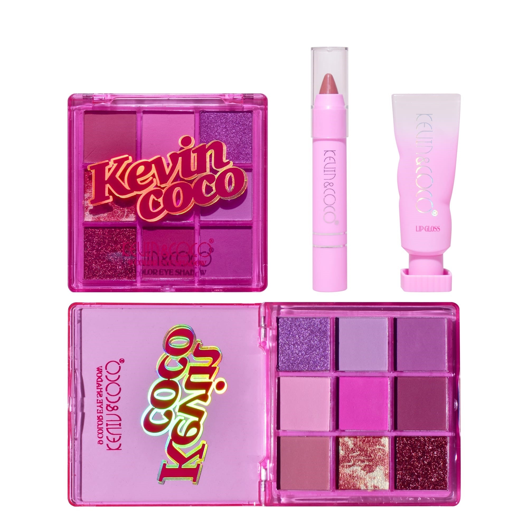 Set 3 Produse de Machiaj, KEVIN &amp; COCO, Pink Ice Star, 9 culori, 15.5 x 13 x 3.4 cm