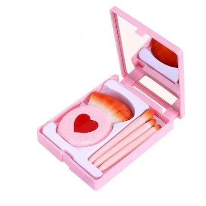 Set 4 Mini Pensule de Machiaj, Belvia, Portabile, in Carcasa cu Oglinda, din Par Sintetic Moale, Roz, Model cu Inima, 12x7x2.5 cm