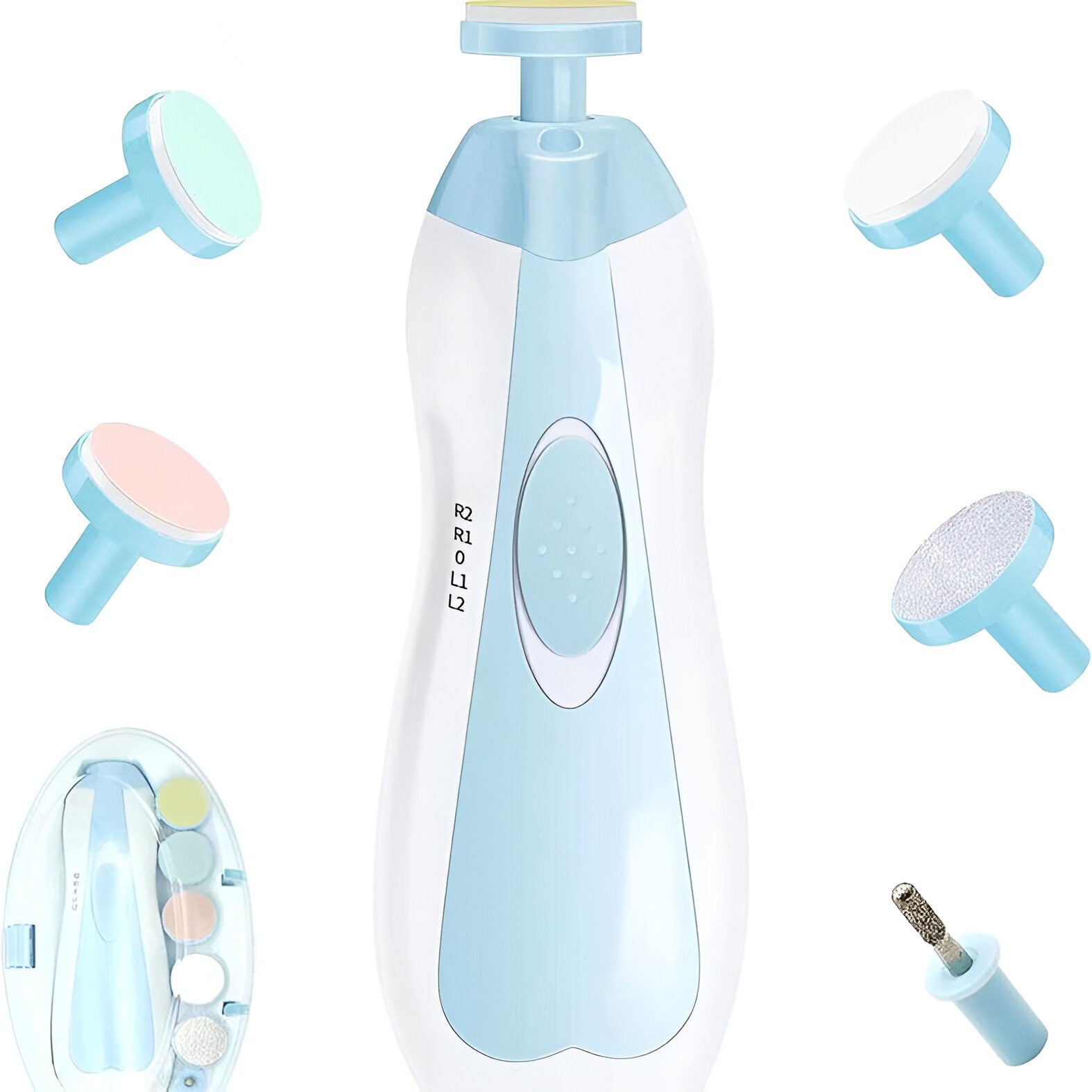 Set Pila Electrica pentru Copii si Bebelusi, Belvia, ABS, 6 Accesorii, cu Lumina LED, Albastru Alb