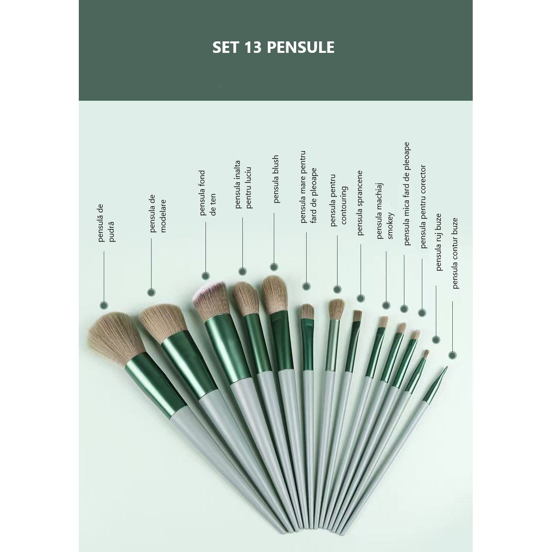 Set 13 pensule pentru machiaj, Belvia, super soft, makeup profesional/incepatori, verde